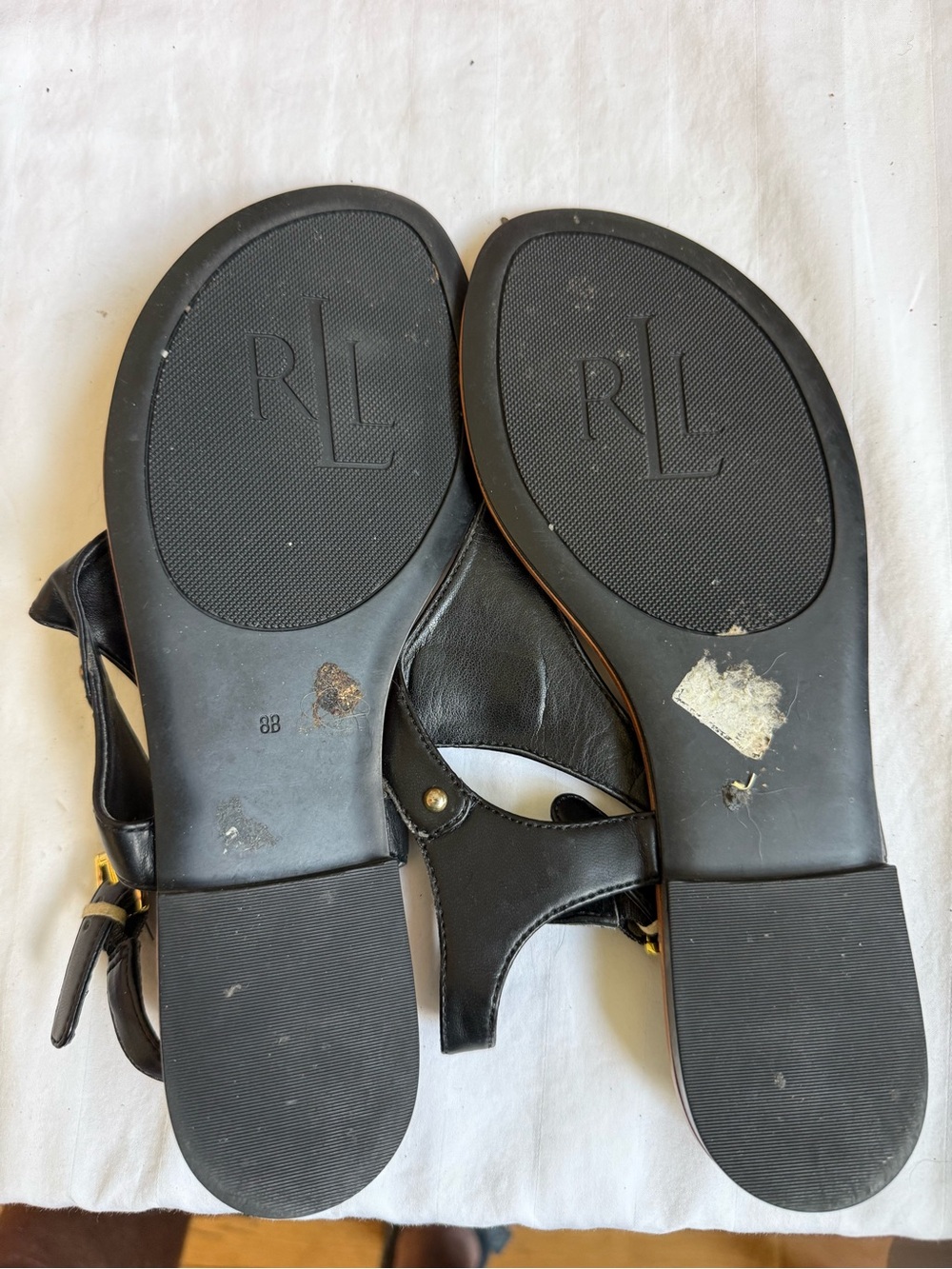 Ralph Lauren Black Leather “Parsi” T-Strap Sandals with Gold Accents - Picture 5 of 6